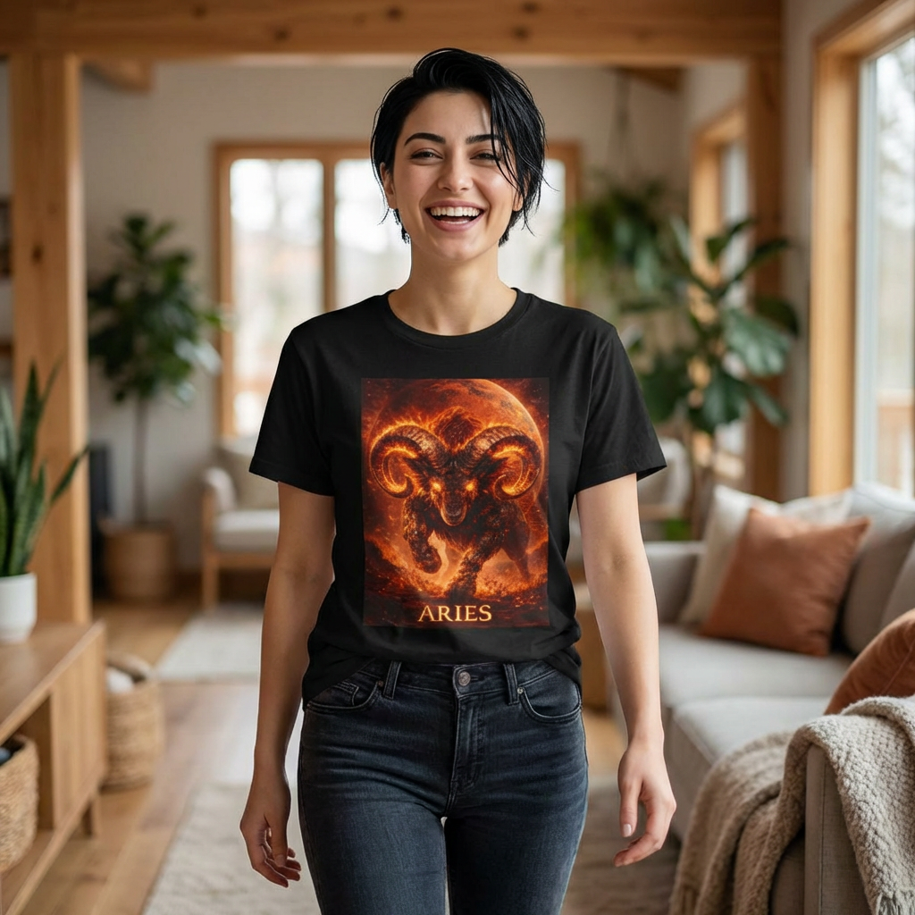 Aries Fire Ram T‑Shirt — Zodiac Astrology Tee with 'ARIES' Text