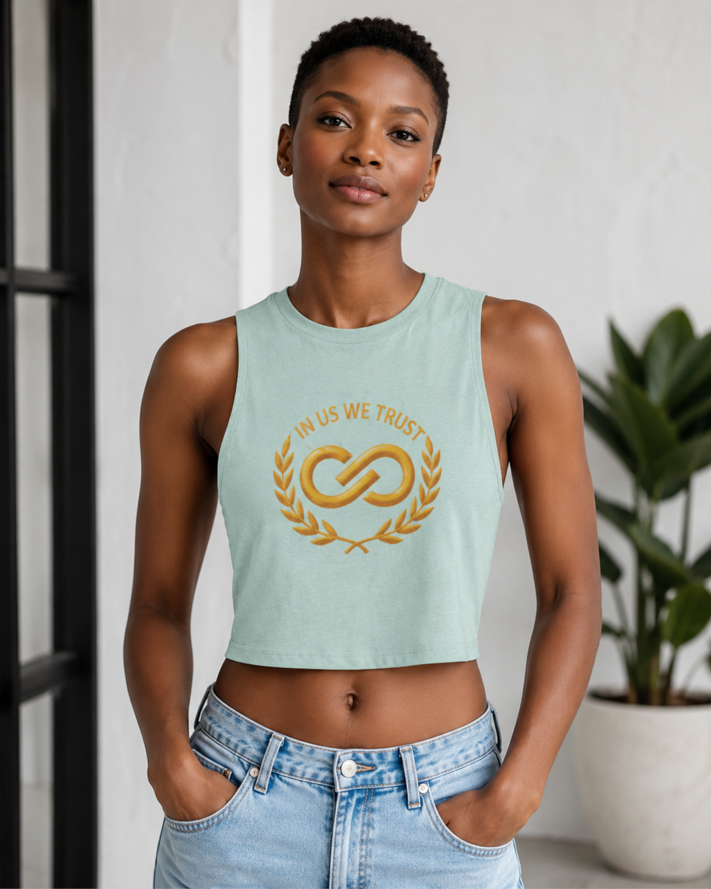 In Us We Trust Crop Top - Gold Infinity Link Women's Tank
