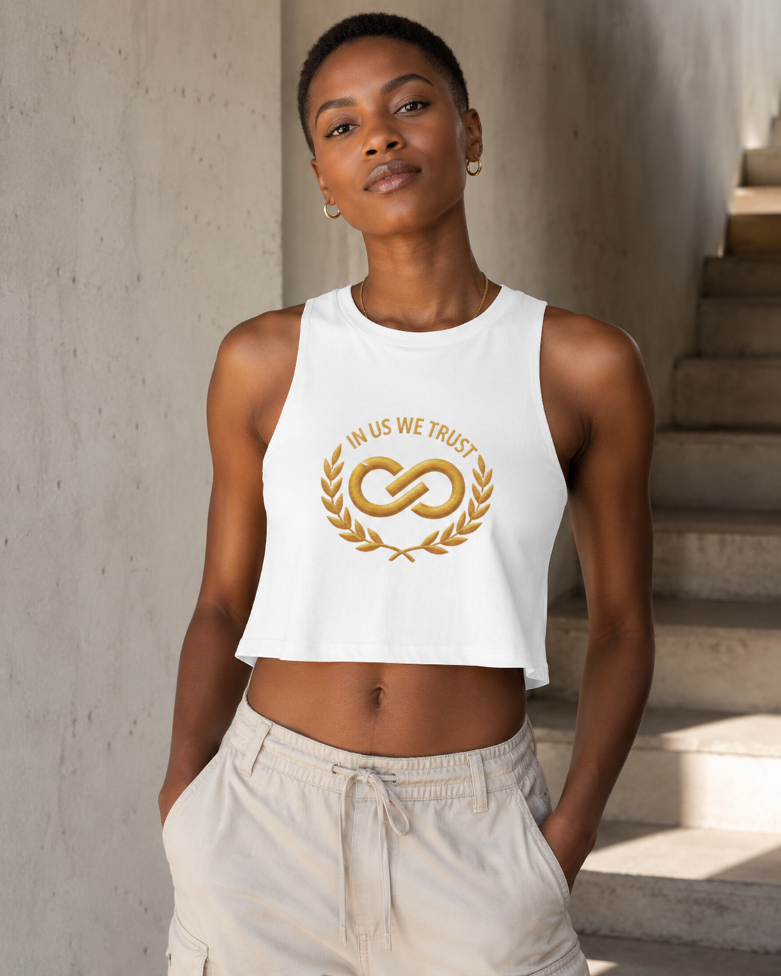 In Us We Trust Crop Top - Gold Infinity Link Women's Tank