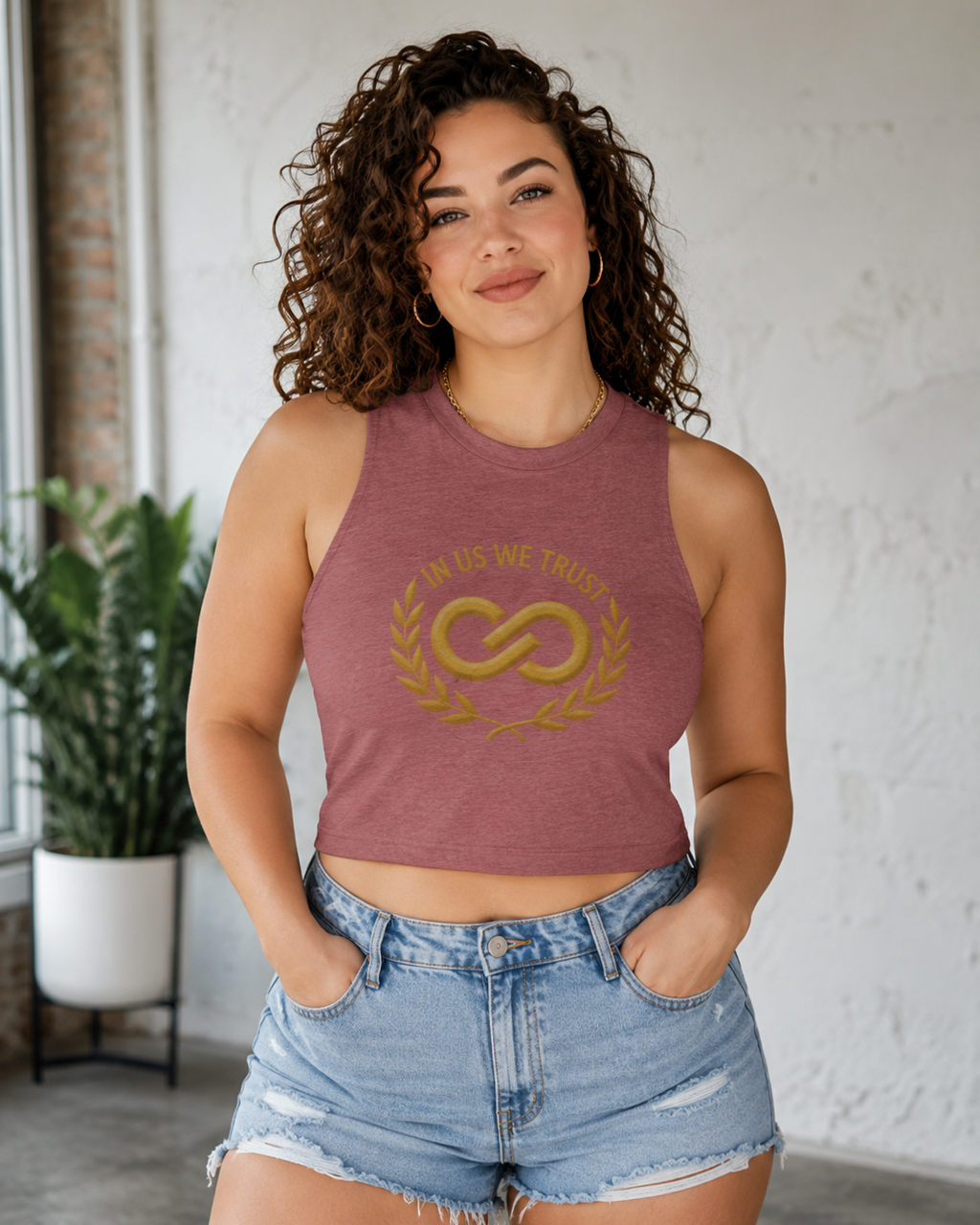 In Us We Trust Crop Top - Gold Infinity Link Women's Tank