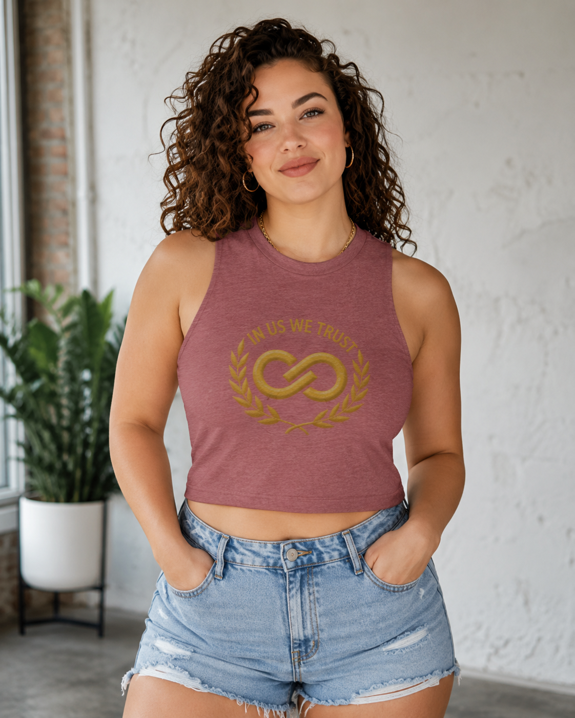 In Us We Trust Crop Top - Gold Infinity Link Women's Tank