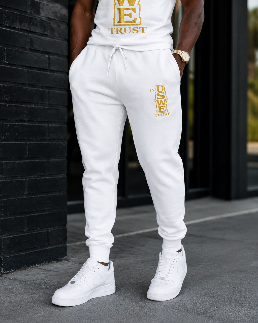 Embroidered USWE Gold Crest Sweatpants — Cozy Fleece Joggers