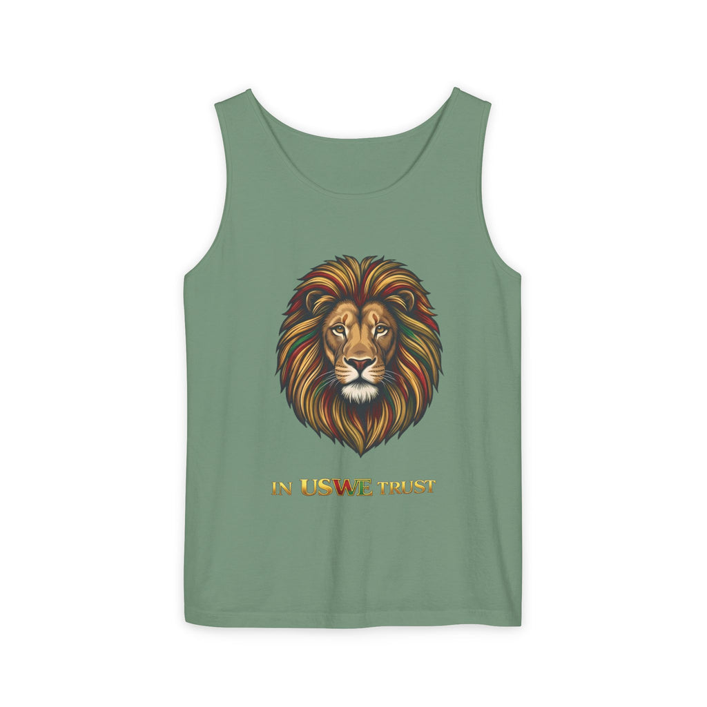 Regal Lion Head tank top | In Us We Trust text