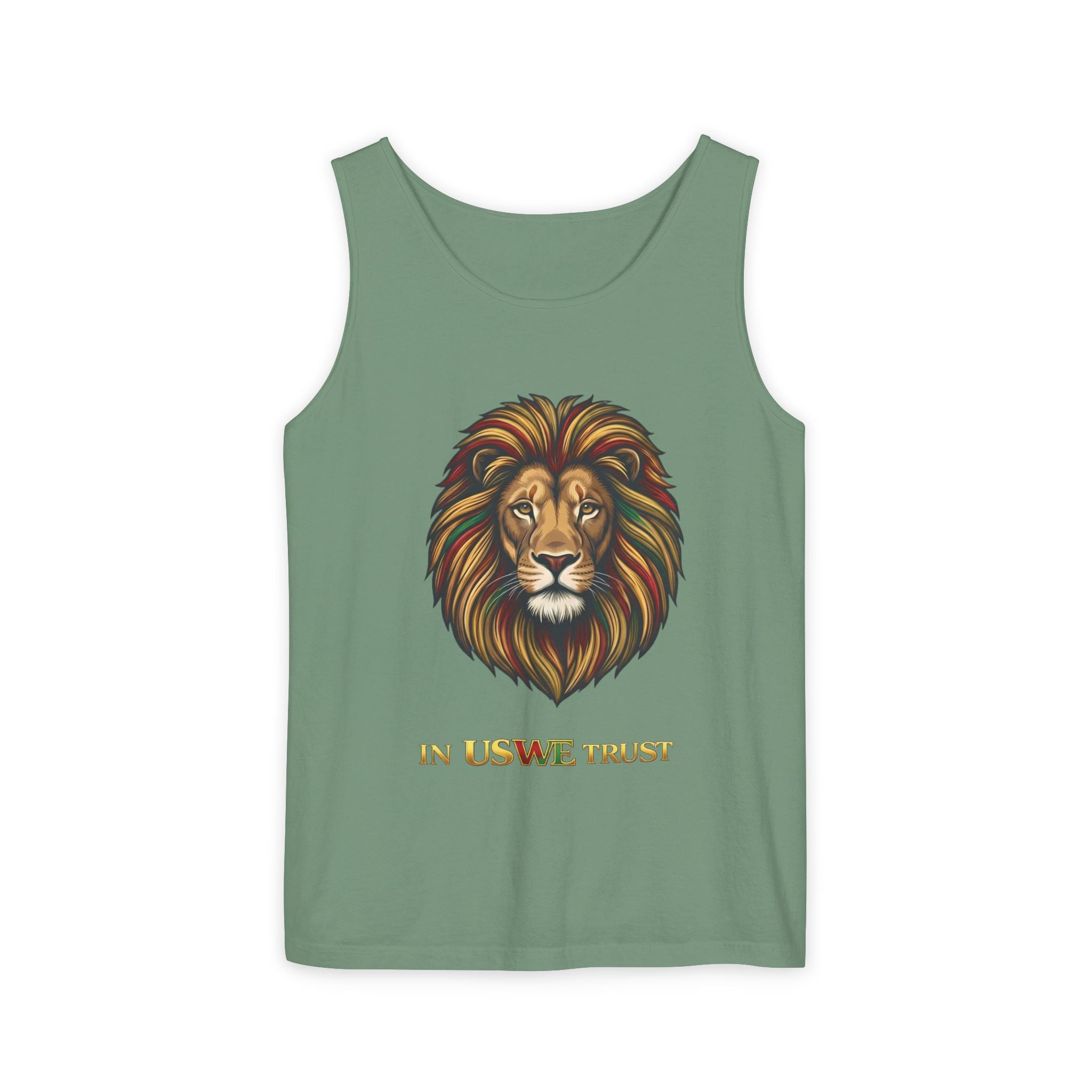 Regal Lion Head tank top | In Us We Trust text