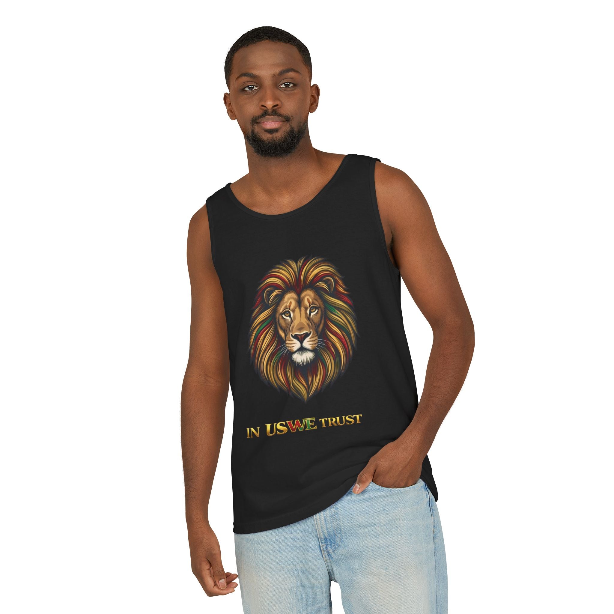 Regal Lion Head tank top | In Us We Trust text
